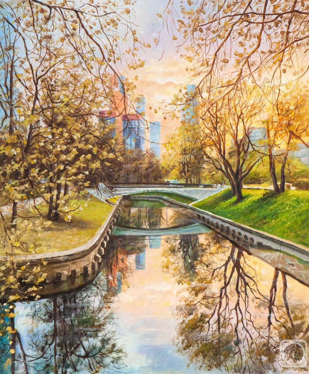 Kamskij Savelij. Spring sunset in the park. View of Moscow City