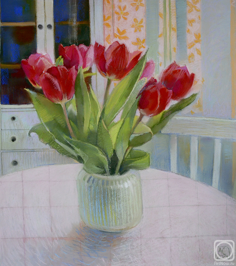 Sergeeva Aleksandra. Still life with red tulips in a white vase on a white table