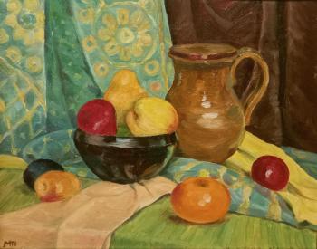 Still life with clay jug and fruits