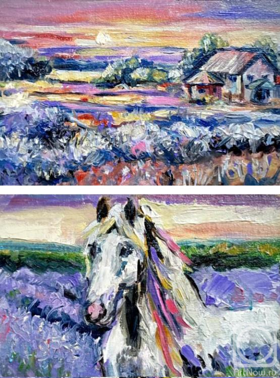 Rodionova Svetlana. Provence, white horse, lavender landscape (diptych)