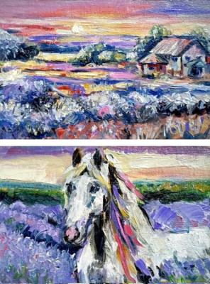 Provence, white horse, lavender landscape (diptych). Rodionova Svetlana