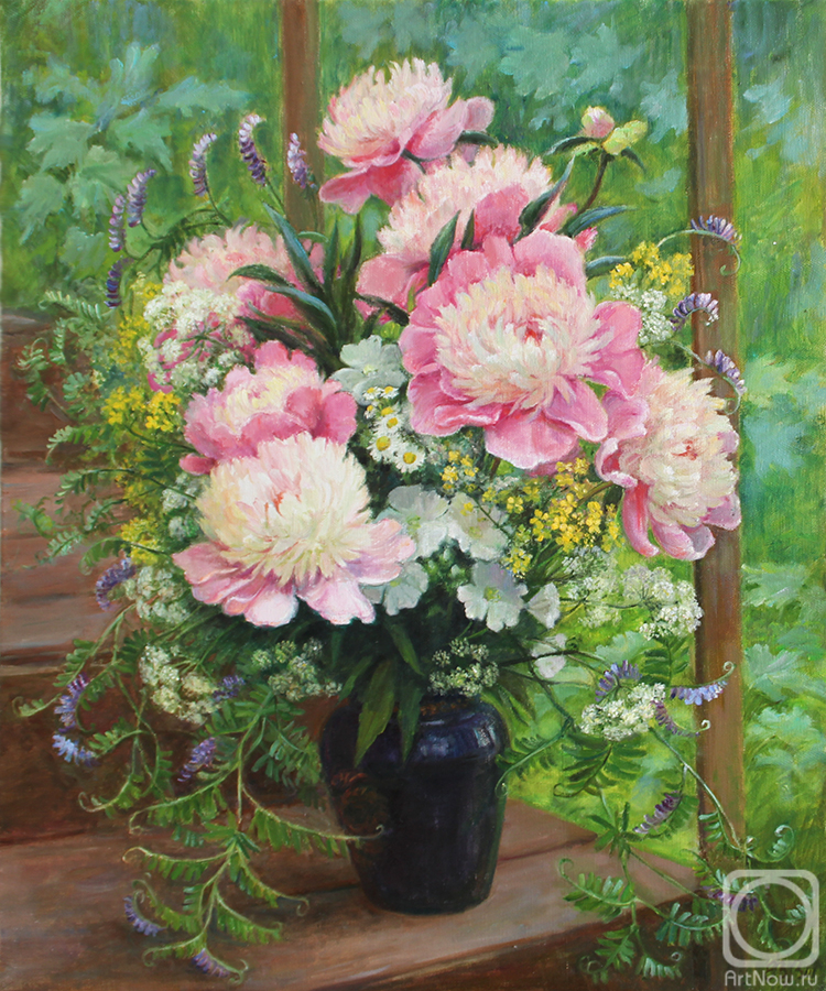 Shumakova Elena. Bouquet with peonies on the porch