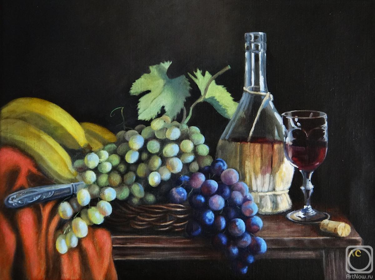 Soloviev Leonid. Still life with grapes and Chianti