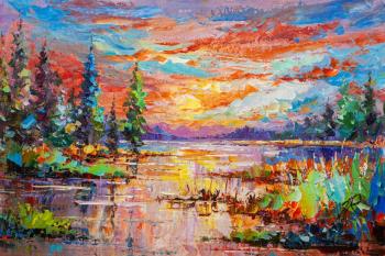 A fiery sunset descended to the river (Natural Landscape In Oil). Rodries Jose