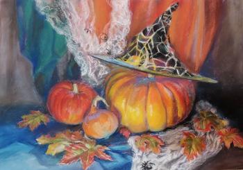 Still life with pumpkins and a witch's hat (Spiders). Stepchenkova Natalya