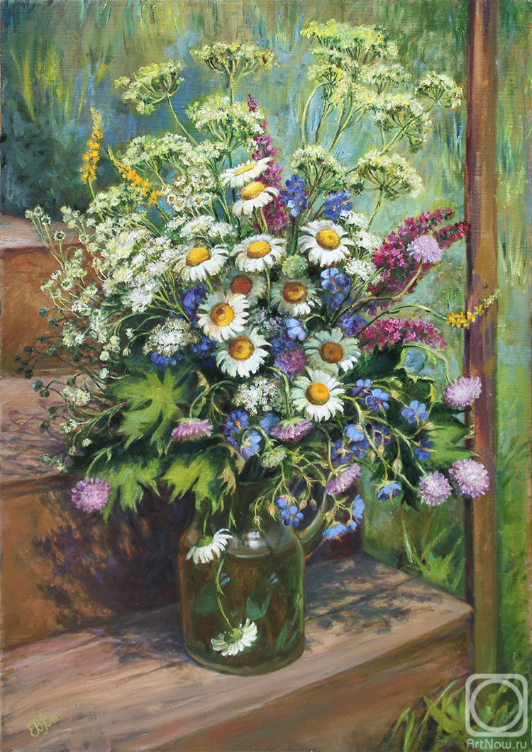 Shumakova Elena. Bouquet with daisies on the porch