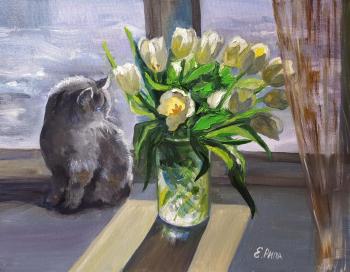 White tulips and their lover (Cat Lover). Ripa Elena
