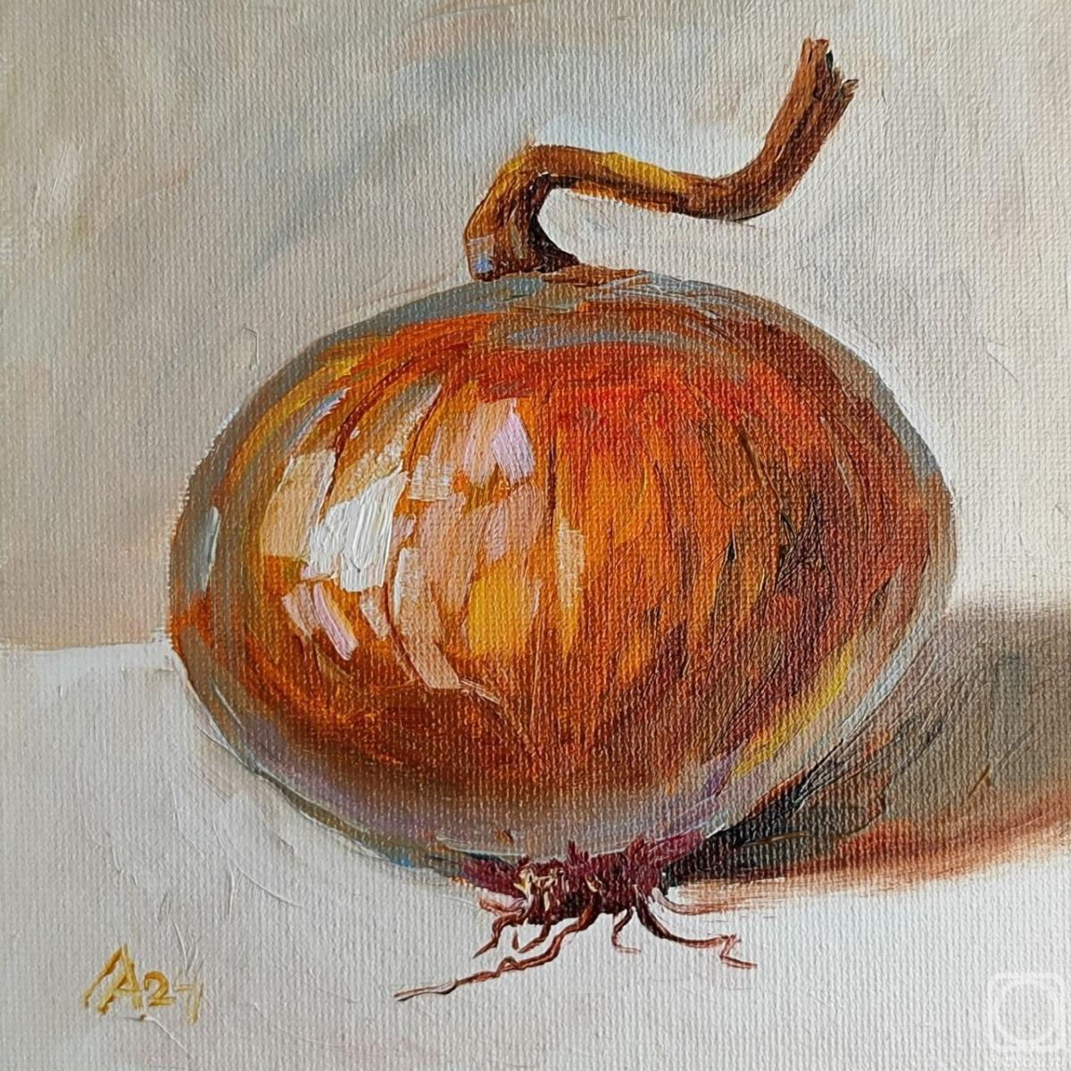 Lapina Albina. Onion painting original oil art still life 15 by 15 cm