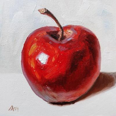 Red apple painting original oil art still life fruit artwork 6 by 6. Lapina Albina