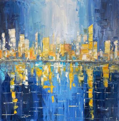 Metropolis by the water. Lights and glare (Cityscape Oil Painting). Vevers Christina