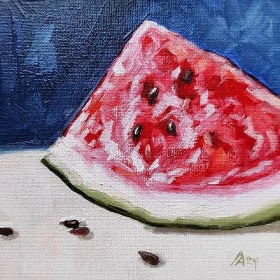 Watermelon painting original oil art still life 6 by 6 inches fruit artwork (Original Artwork). Lapina Albina