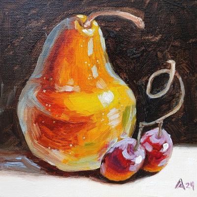 Pear painting original oil art still life for the kitchen (Grapes Painting). Lapina Albina