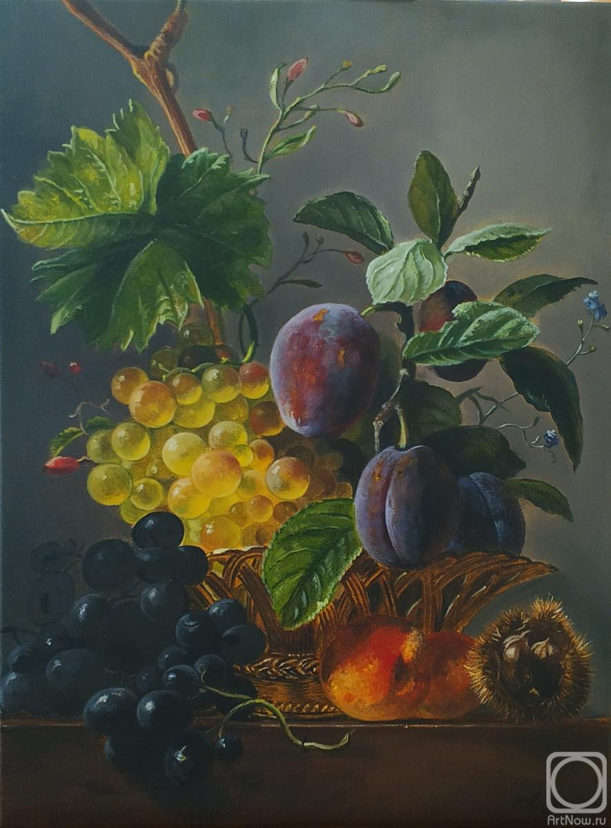 Lutcher Elena. Still life with plums and chestnut