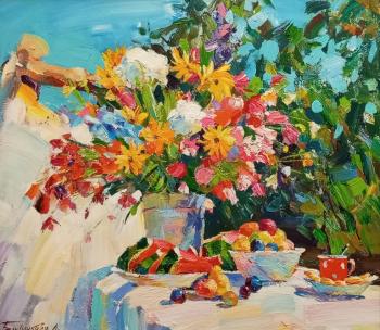Still life with summer flowers and watermelon