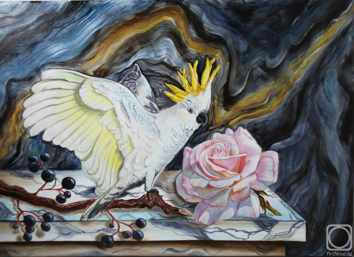 Kirillova Juliette. Still Life with Cockatoo Parrot and Rose