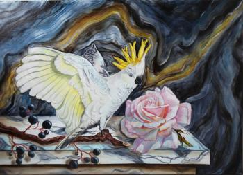 Still Life with Cockatoo Parrot and Rose (White Parrot). Kirillova Juliette