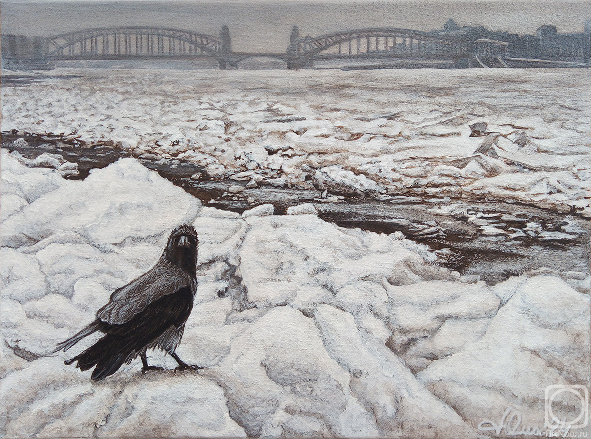 Talanova Lyudmila. Winter. Crow. Bridge. Neva