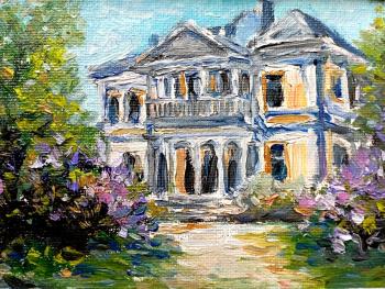 Landscape with manor house and lilacs. Rodionova Svetlana