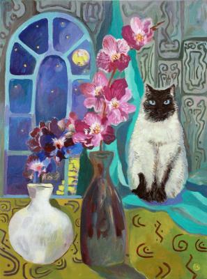 Etude with a cat and an orchid (Still Life With A Cat). Kovaliova Elena