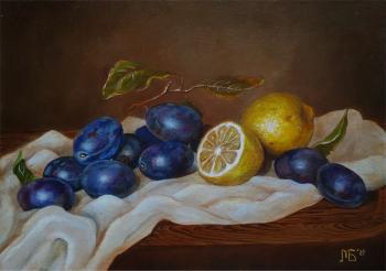 Still life with plums and lemons