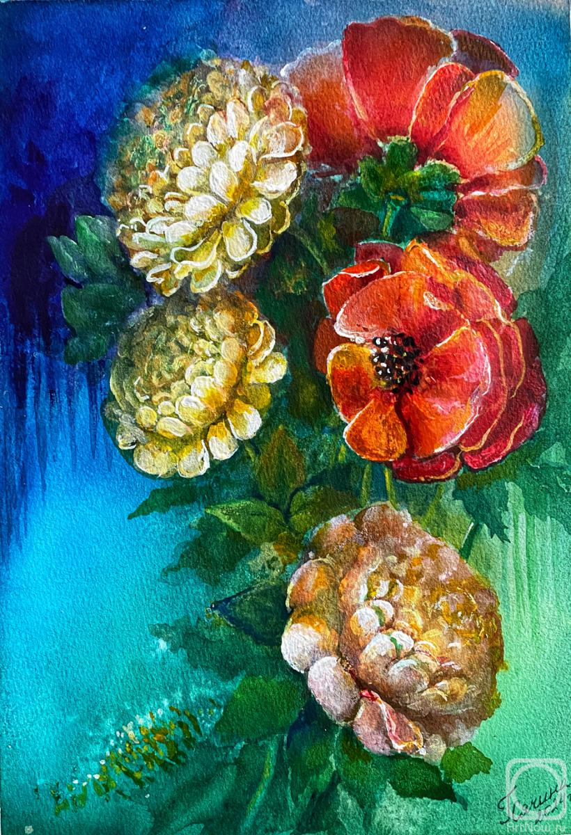 Syachina Galina. Painting with flowers Peonies and poppies watercolor