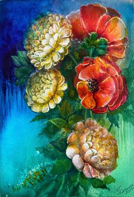 Painting with flowers Peonies and poppies watercolor. Syachina Galina