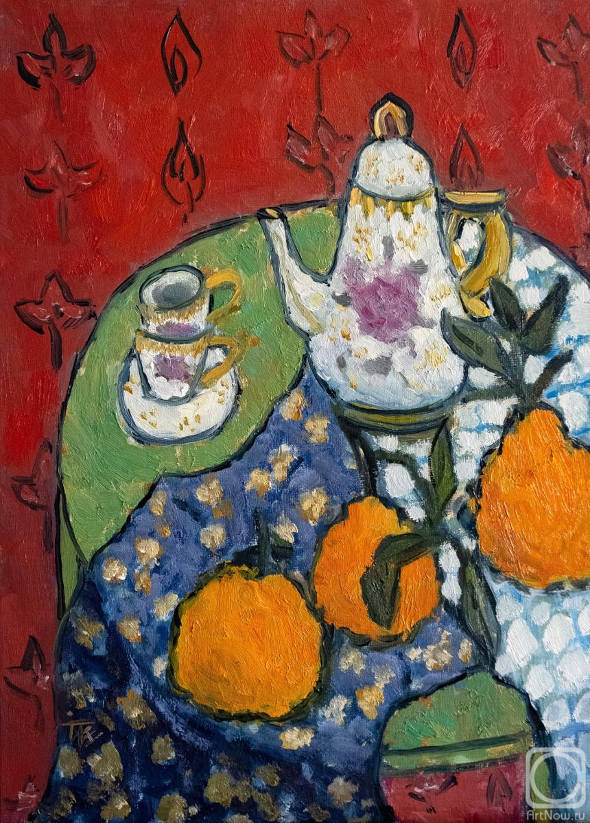 Ten Irina. Coffee set with tangerines