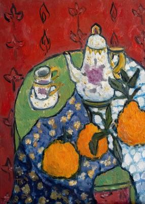 Coffee set with tangerines (Green Still Life). Ten Irina