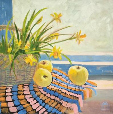 Still life with apples and daffodils. Varenik Natalya