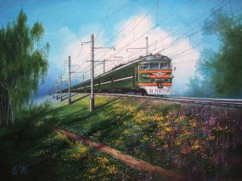 Electric train. Road to summer.