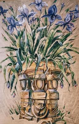 Irises in an antique vase
