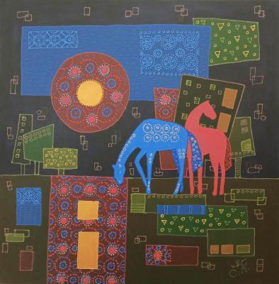 Horses by the river at sunset