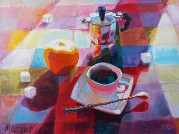 Golden apple and coffee (Still Life Coffee). Martens Helen