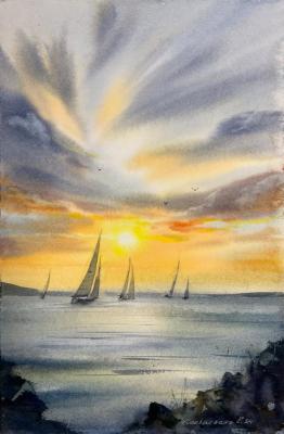 Yachts at sunset #16 (Watercolor Seascape). Gorbacheva Evgeniya