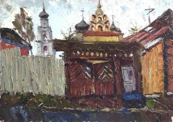 Swing wooden gate with carved okhlyabin under a gable verf on Nekrasovskaya Street in the city of Kirzhach overlooking the Annunciation Monastery (Russian Painting). Silaeva Nina