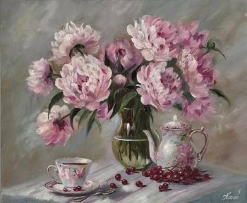 Peonies and lingonberries (Oil Flowers On Canvas). Kogay Zhanna