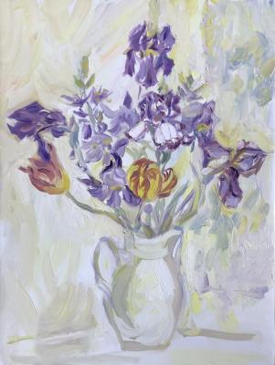 Irises and tulips in a bouquet. And a couple of sprigs of kamasia. Sechko Xenia