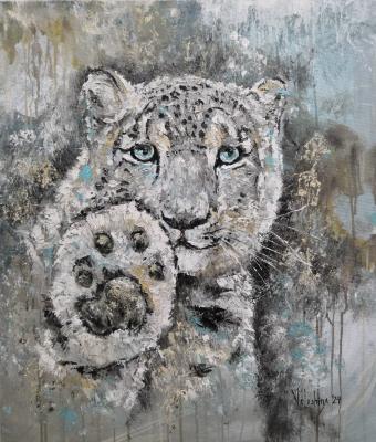 Snow leopard. High five! (Snow Leopard Painting). Voloshina Ekaterina