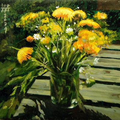 Glass jar with dandelions. Andrianov Andrey