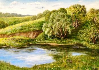 Summer landscape with cranes and a river (Painting Shore). Kirilina Nadezhda