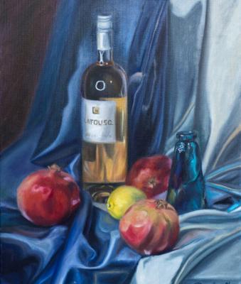 The still life painting with the pomgranates and the bottle of wine. Chernousova Darya