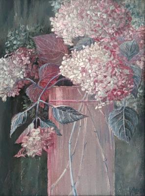 Pink hydrangea on an indigo background