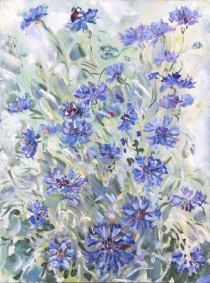 Two bumblebees, cornflowers, evening after the rain. Sechko Xenia