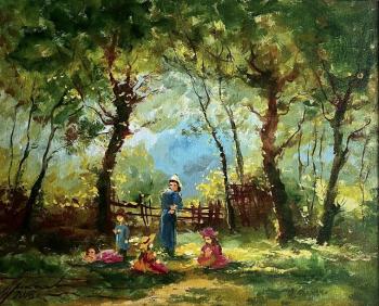 Under the canopy of trees in green grass. Prokaeva Galina