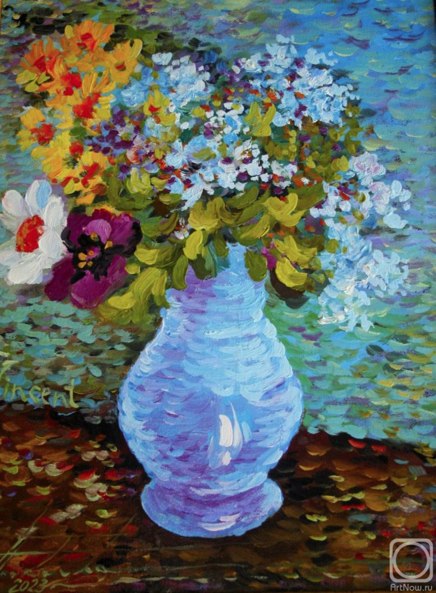 Prokaeva Galina. Clematis and daisies in a blue vase Van Gogh