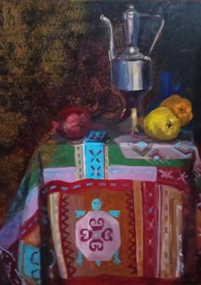 Still life with oriental tablecloth and jug. Baltrushevich Elena