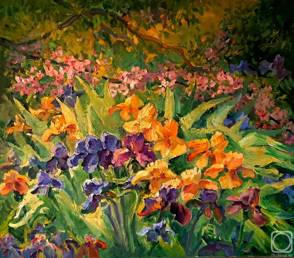 Khon Andrey. Irises and Japanese quince