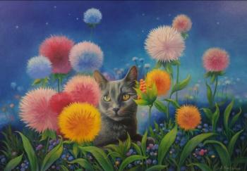 Cat with Night Flowers