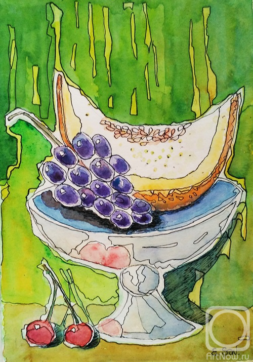 Savelyeva Elena. Still life with melon and grapes
