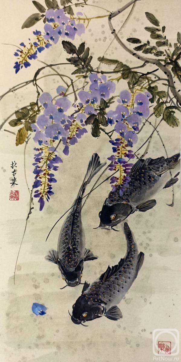 Mishukov Nikolay. Three carps and wisteria